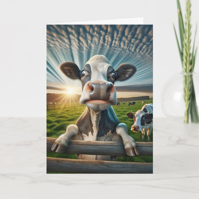 Carte Vache d'anniversaire sur une clôture (Devant)