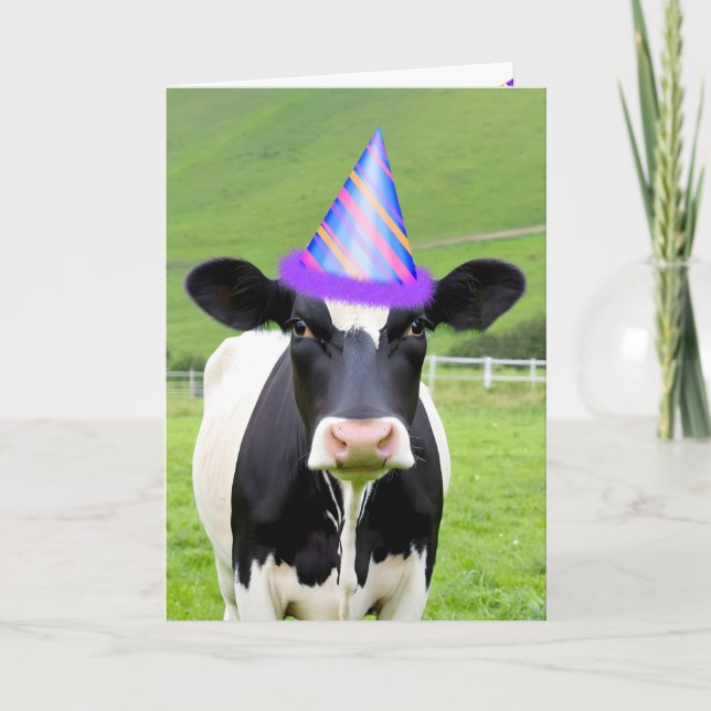 Carte Vache de fête d'anniversaire au pâturage (Devant)