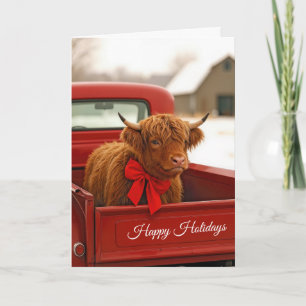 Carte Vache des Highlands à Noël dans un vieux pick-up r