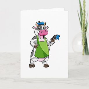 Carte Vache en peintre avec peinture et tablier