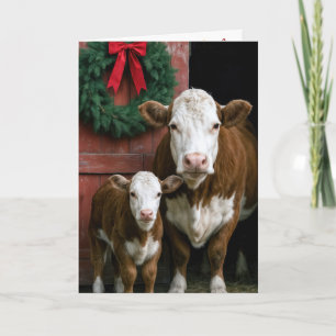 Carte Vache et veau Hereford de Noël