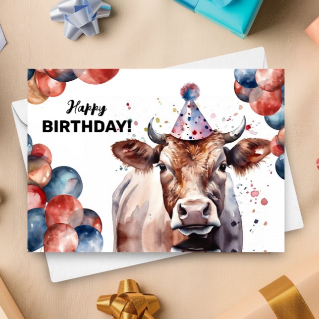 Carte Vache ferme animal aquarelle Portrait heureux anni (Créateur téléchargé)