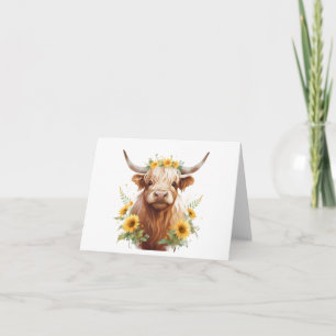 Carte Vache Highland avec Couronne de fleurs de tourneso