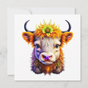 Carte Vache Highland mignonne avec une fleur dans les ch