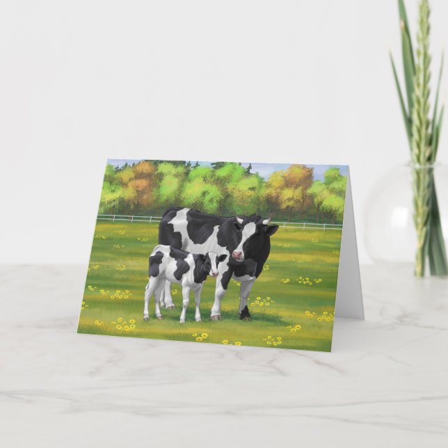 Carte Vache Holstein et veau mignon en pâturage d'été (Devant)