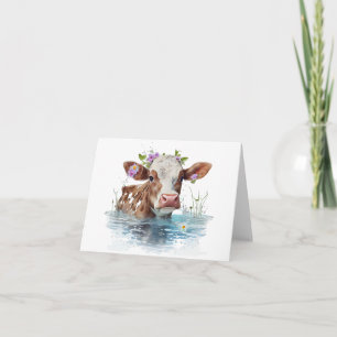 Carte Vache rouge et blanche avec éton et fleurs BLANC