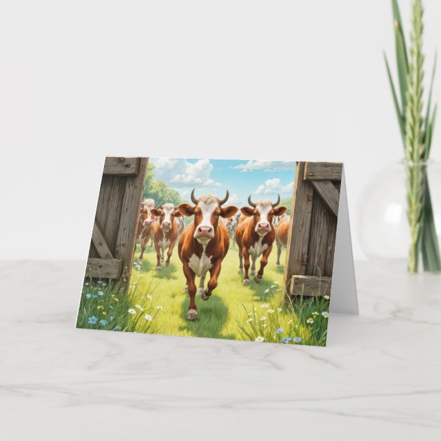 Carte Vaches d'anniversaire s'échappant d'un pâturage (Devant)
