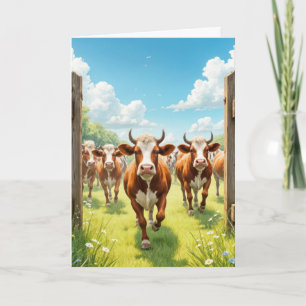 Carte Vaches d'anniversaire s'échappant d'un pâturage