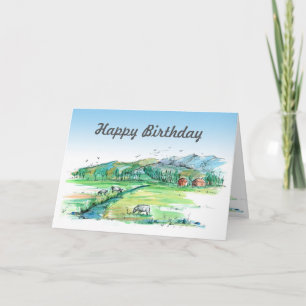Carte Vaches de ferme rouge aquarelle Joyeux anniversair