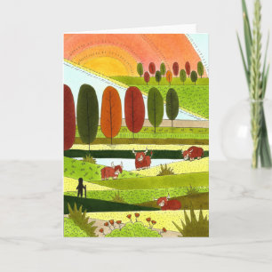 Carte Vaches Highland dans le champ agricole d'automne