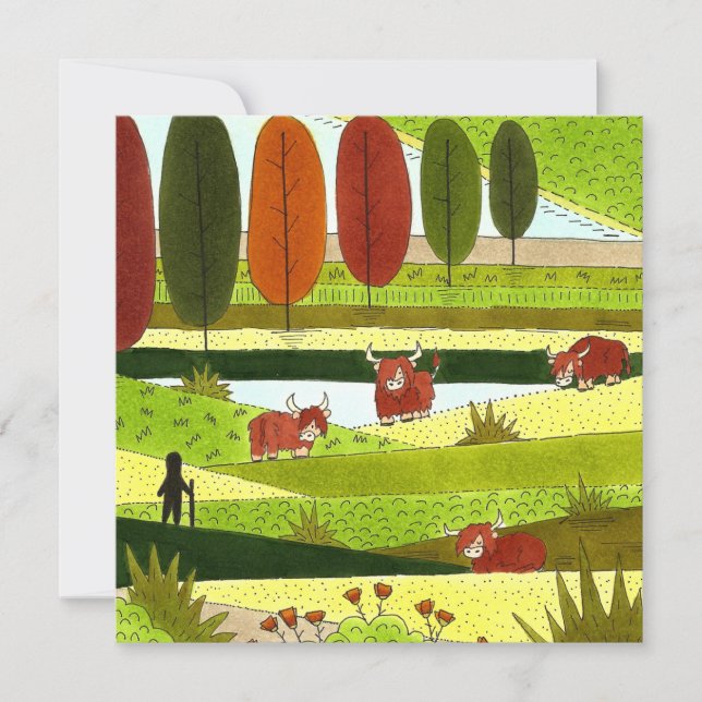 Carte Vaches Highland dans le champ agricole d'automne (Devant)