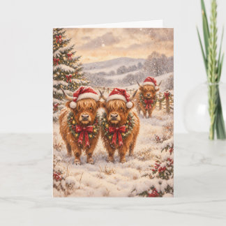 Carte Vaches Highland de Noël – Art aquarelle festif