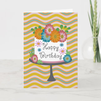Carte Vagues florales et gâteau d'anniversaire
