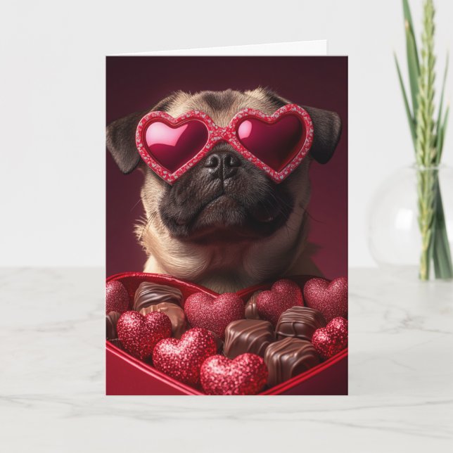 Carte Valentin Pug joueur dans une boîte en forme de cœu (Devant)