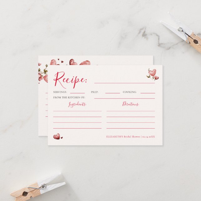 Carte Valentine Hearts Vine Bridal Shower Recipe Card (Devant/Arrière en situation)