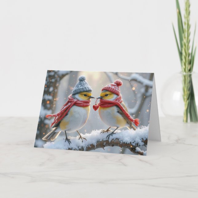 Carte Valentine Oiseaux d'hiver au coeur rouge (Devant)