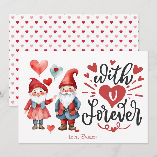 Carte Valentines Couple Gnome "With U Forever" (Devant / Derrière)