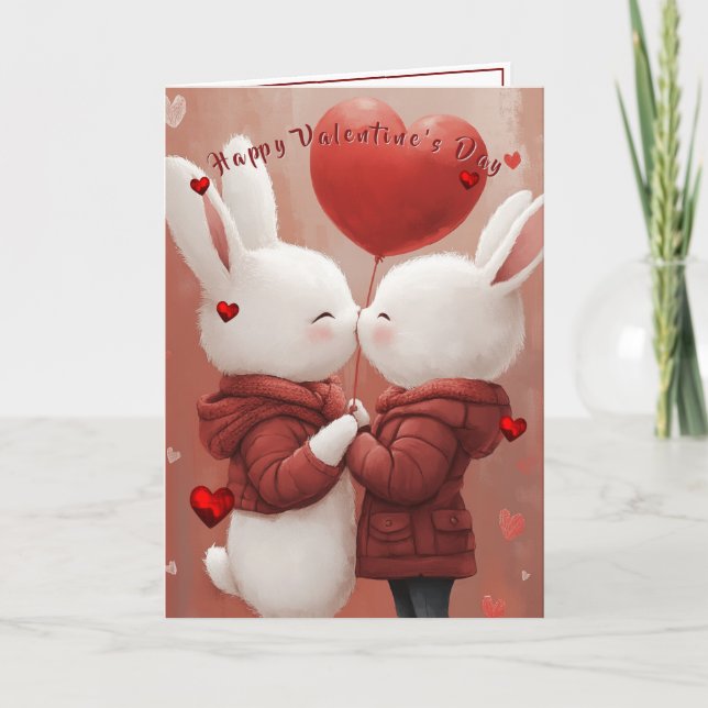 Carte Valentine's Day Card Kissing Bunnies Red Hearts (Devant)