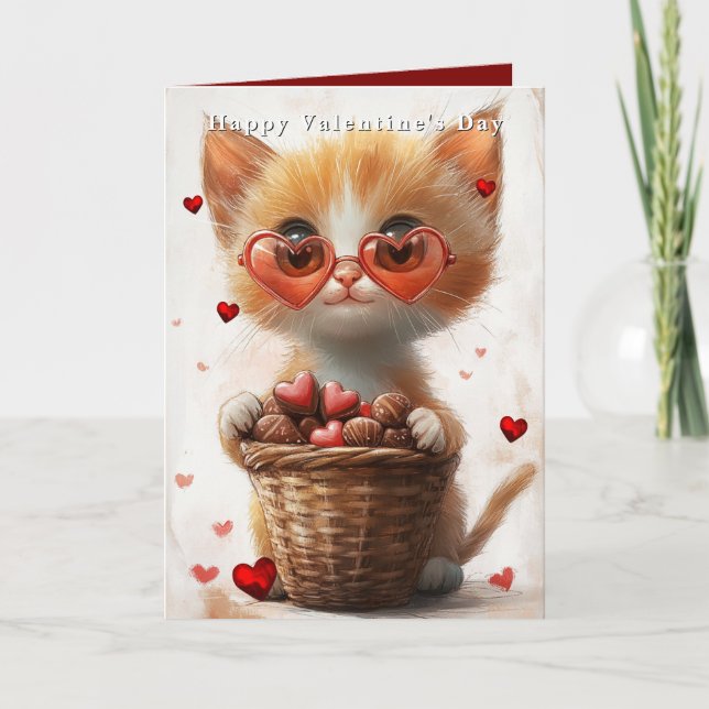 Carte Valentine's Day Ginger Cat Basket Hearts  (Devant)