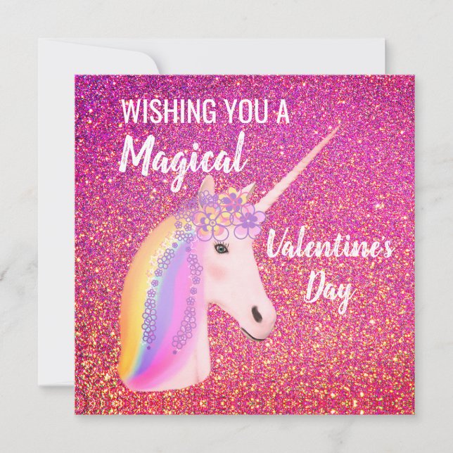 Carte Valentines Day Unicorn Magic rose Parties scintill (Devant)