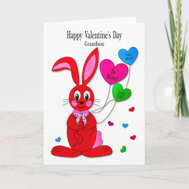 Carte Valentines  Grandson Red Bunny Heart Balloons Card (Devant)