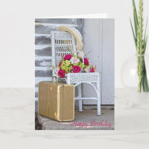 Carte valise et fleurs d'anniversaire rétro