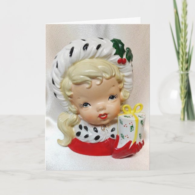 Carte Vase de tête de fille de Noël Présente Holly migno (Devant)