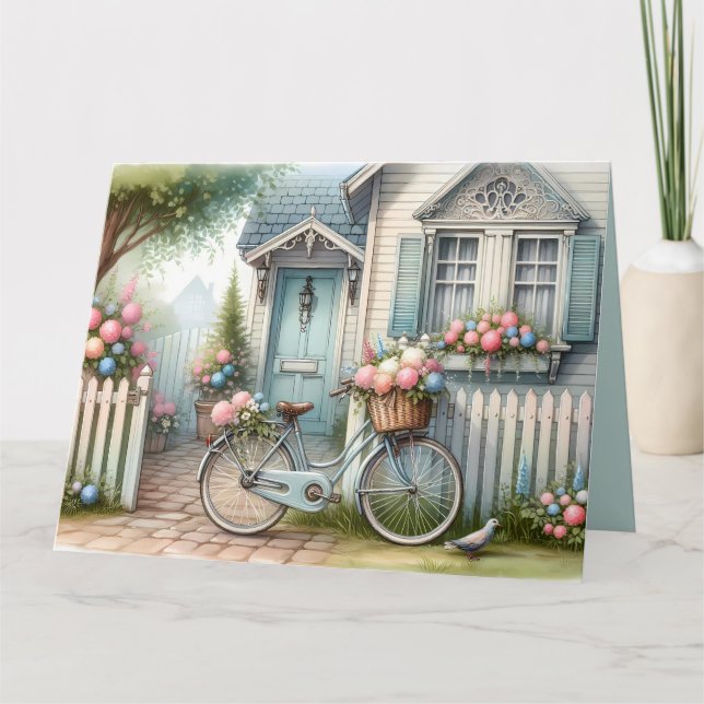 Carte Vélo de chalet bleu avec panier à fleurs de printe (Devant)