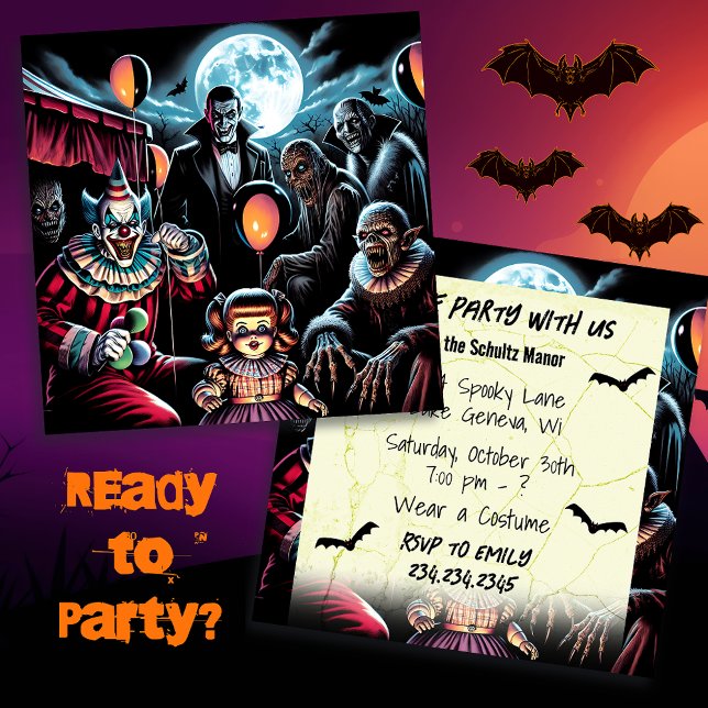 Carte Venez faire la fête avec nous Zombie, Clown, Vamp  (Créateur téléchargé)