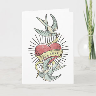 Carte Véritable Amour   Oiseaux de tatouage Vintages ave