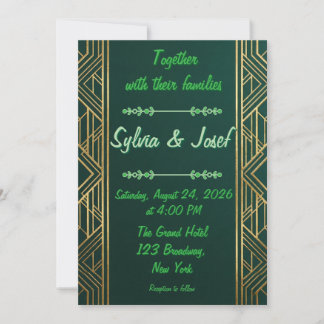 Carte Vert émeraude et or Mariage géométrique de luxe en