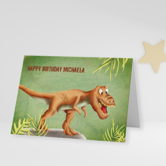 Carte Vert et Brown T-Rex Roaring Joyeux anniversaire (Créateur téléchargé)