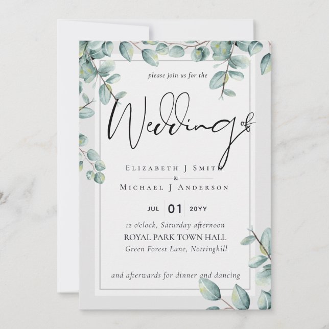 Carte Vert Eucalyptus Lilac Citron gris Mariage (Devant)