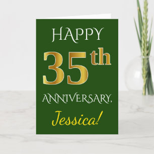 Carte Vert, Faux Gold 35e anniversaire de Mariage + Nom