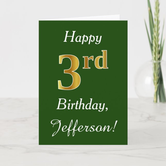 Carte Vert, Faux Gold 3ème anniversaire + Nom personnali (Devant)