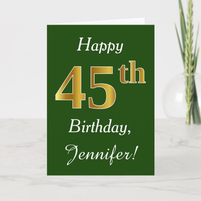 Carte Vert, Faux Gold 45e anniversaire + Nom personnalis (Devant)