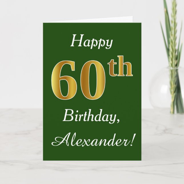 Carte Vert, Faux Gold 60e anniversaire + Nom personnalis (Devant)
