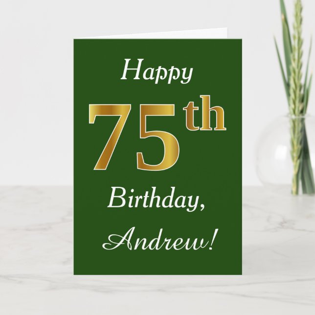 Carte Vert, Faux Gold 75e anniversaire + Nom personnalis (Devant)