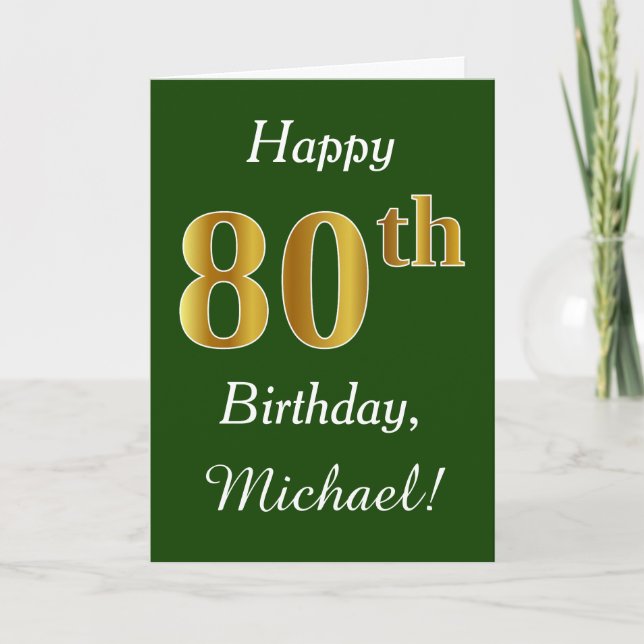 Carte Vert, Faux Gold 80e anniversaire + Nom personnalis (Devant)