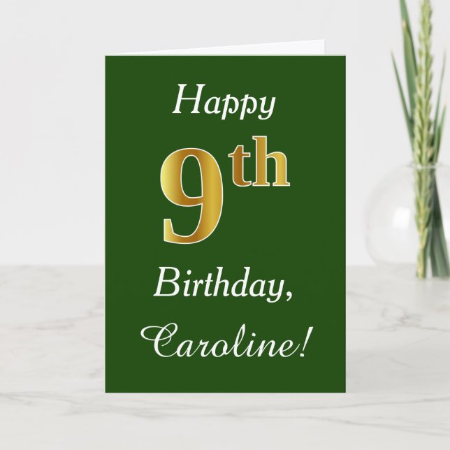 Carte Vert, Faux Gold 9e anniversaire + Nom personnalisé (Devant)