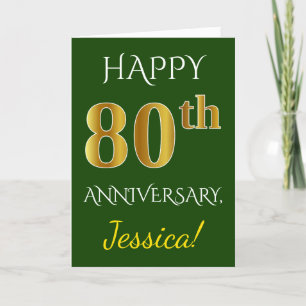 Carte Vert, Faux Or 80ème anniversaire de Mariage + Nom