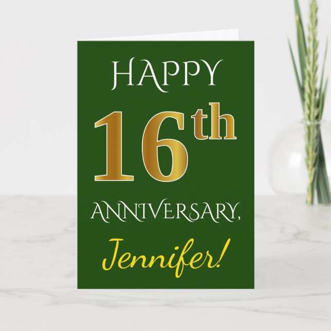 Carte Vert, Or Faux 16e Anniversaire de Mariage + Nom (Devant)