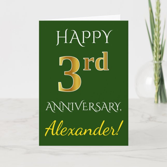 Carte Vert, Or Faux 3e Anniversaire de Mariage + Nom (Devant)