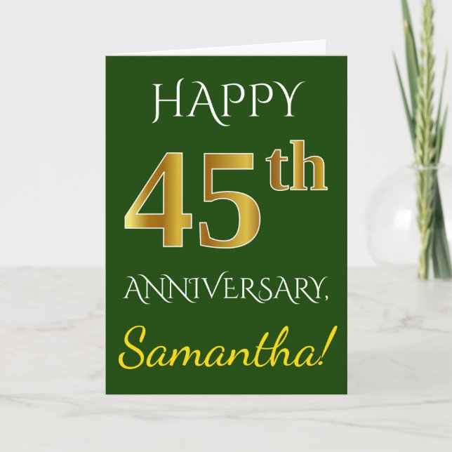 Carte Vert, Or Faux 45e Anniversaire de Mariage + Nom (Devant)