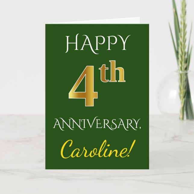 Carte Vert, Or Faux 4e anniversaire de mariage + Nom (Devant)