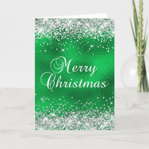 Carte Vert Pailleté Argent Verre Feuille Noël Joyeux