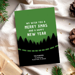 Carte Vert rétro Joyeux Noël avec forêt