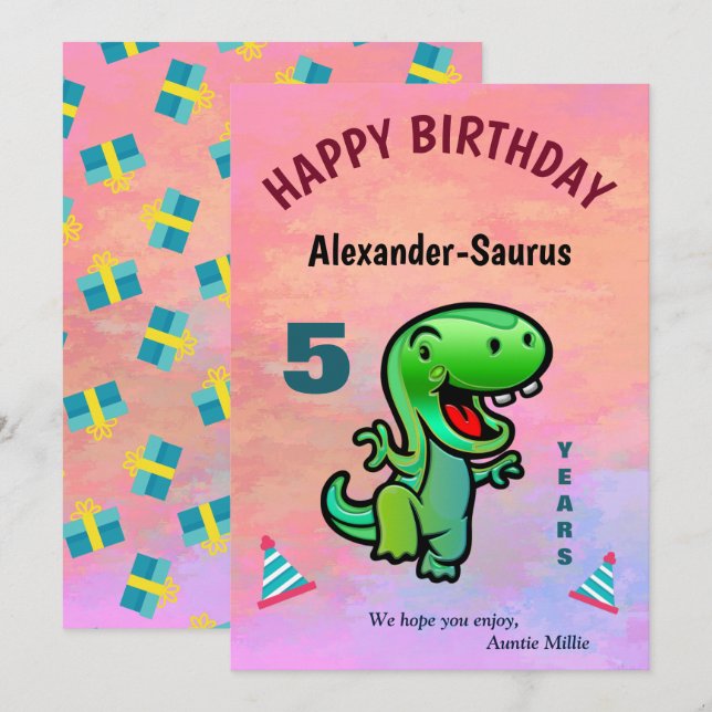Carte Vert sourire Dinosaure Enfant Anniversaire Personn (Devant / Derrière)