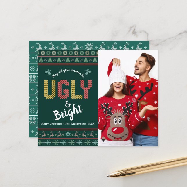 Carte verte de Noël moche de la photo budget (Devant/Arrière en situation)