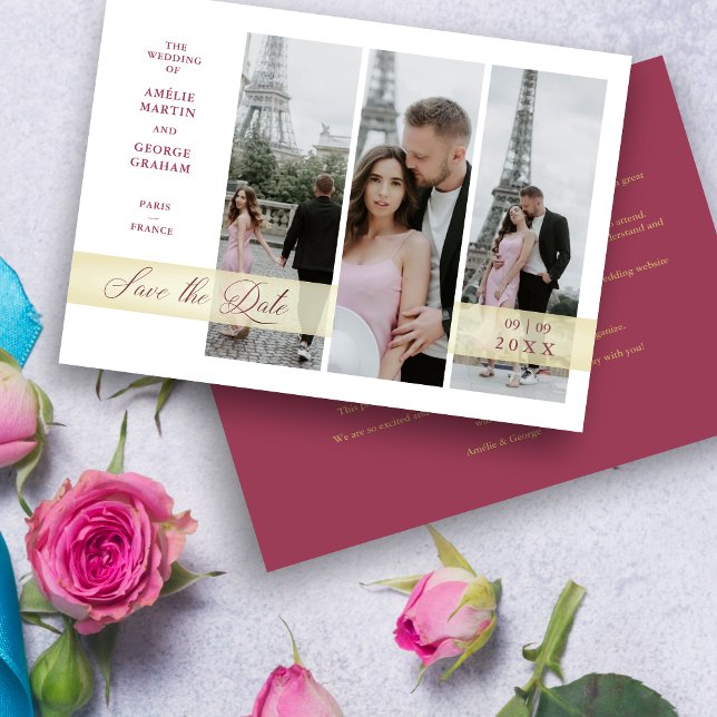 Carte Vertical 3 Photos Collage manuscrit Chic Script (Original Collage Vertical 3 Multi Photos Elegant Handwritten Script Save the date Card.)